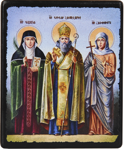 Սրբապատկեր "Սուրբ Գայանե, Սուրբ Գրիգոր Լուսավորիչ, Սուրբ Հռիփսիմե" փայտի հիմքի վրա