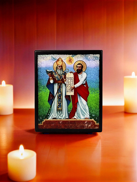 Սրբապատկեր "Սուրբ Սահակ Պարթև և Սուրբ Մեսրոպ Մաշտոց" փայտի հիմքի վրա