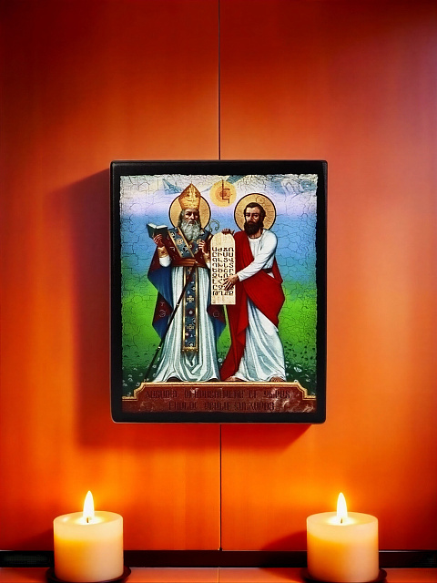 Սրբապատկեր "Սուրբ Սահակ Պարթև և Սուրբ Մեսրոպ Մաշտոց" փայտի հիմքի վրա