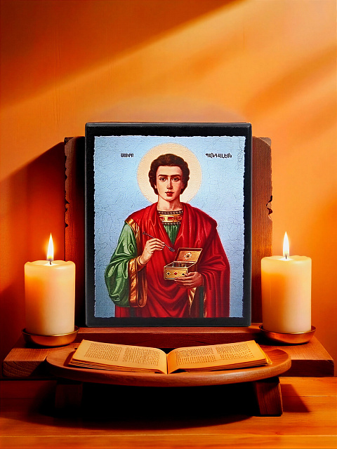 Սրբապատկեր "Սուրբ Պանտելեյմոն" փայտի հիմքի վրա