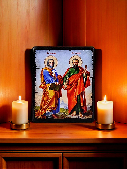 Սրբապատկեր " Սուրբ Պետրոս և Սուրբ Պողոս առաքյալներ" փայտի հիմքի վրա