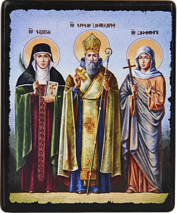 Икона "Святые Гаянэ, Григорий Просветитель, Рипсимэ" на деревянной основе, 12 х 10_